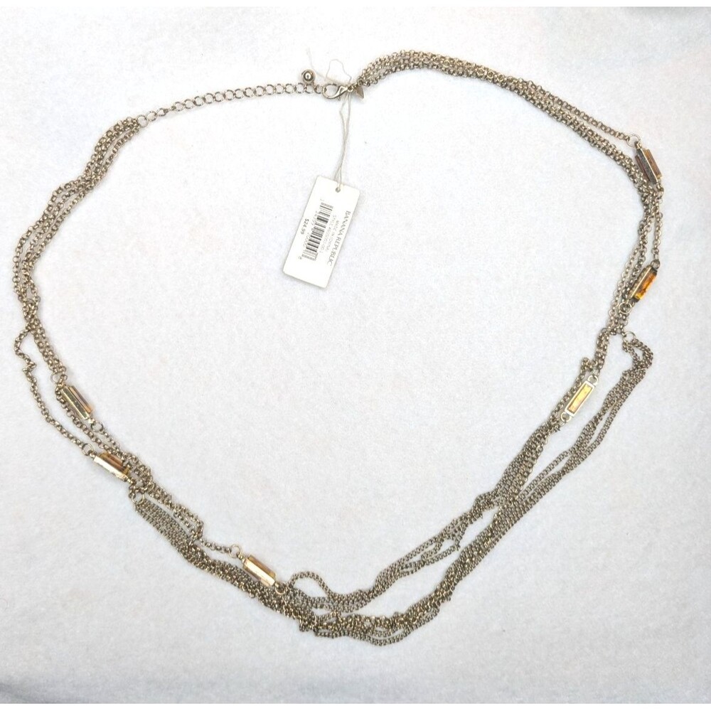 32" Silver-tone Banana Republic Multi-strand Signed Amber Glass Fashion Necklace